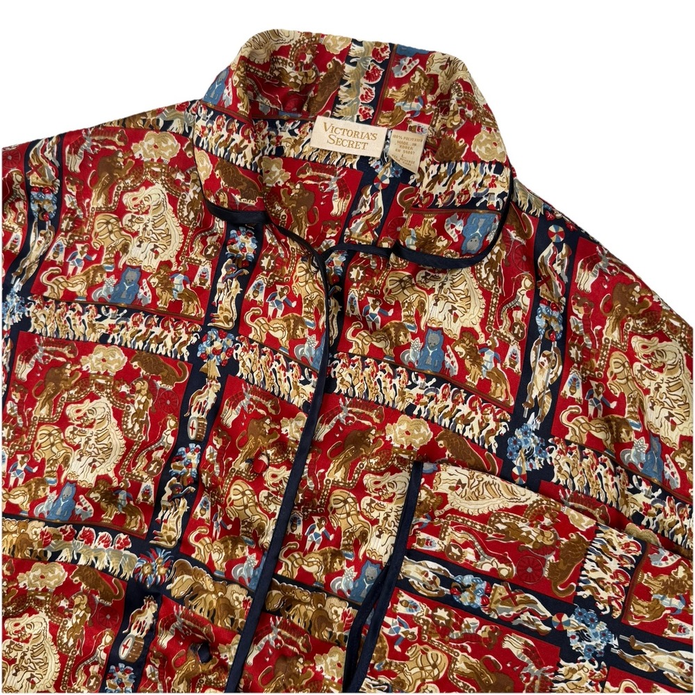 Vintage Victoria's Secret Gold Label Red Satin Top Button Up Shirt Women's Large